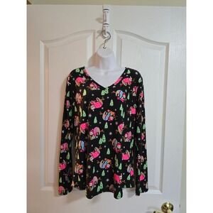 Lazy Day Sloth Christmas Trees Long Sleeve V Neck Top Shirt XXL 2X‎ /0308